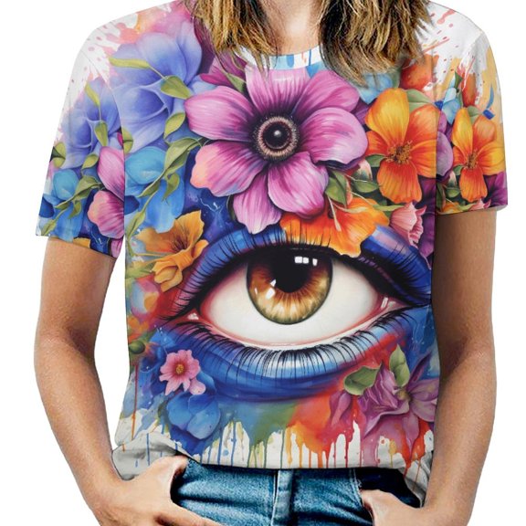 Eyes Combined with Flowers Women's T-Shirt Short Sleeve T Shirts Tops Tee Ladies Loose T