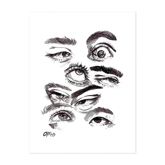 Eyes - Drawing Line Art Black and White Sketch Illustration Abstract Modern Art Portrait Unframed Wall Art Print 5 x 7 inches