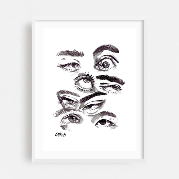 Eyes - Drawing Line Art Black and White Sketch Illustration Abstract Modern Art Portrait White Framed Wall Art Print 12 x 16 inches