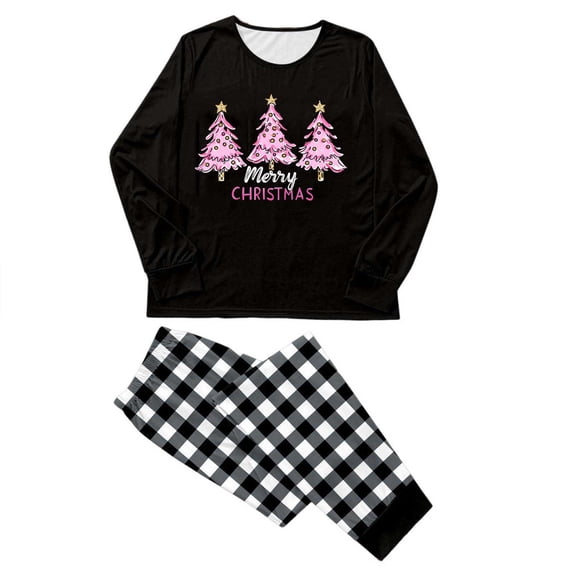 Eygvbb Christmas Pajamas Kids Matching Family Pajama Set Crew Neck Long Sleeve Top with Pink Christmas Tree Print Plaid Pants With Side Pockets Two Piece Sleep Outfit Soft Loungewear