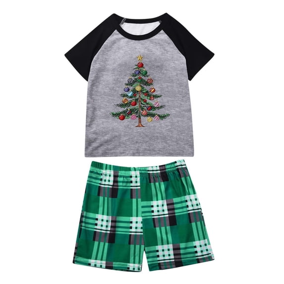 Eygvbb Christmas Pajamas Kids Matching Family Pajama Set Raglan Short Sleeve Top with Christmas Tree Ornament Print, Plaid Shorts Two‑Piece Sleep Outfit Casual Loungewear