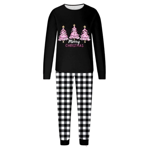 Eygvbb Christmas Pajamas Men Pajama Set Crew Neck Long Sleeve Top with Pink Christmas Tree Print Plaid Pants With Side Pockets Two Piece Sleep Outfit Soft Loungewear