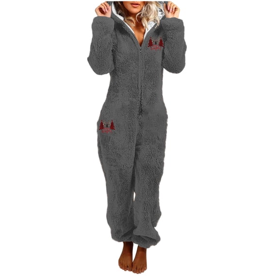 Eygvbb Christmas Pajamas Women Fuzzy Fleece Hooded Onesie Long Sleeve Zip‑Up Jumpsuit Christmas Tree Print Plush Loungewear Warm Cozy Sleepwear