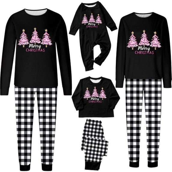 Eygvbb Christmas Pajamas Women Matching Family Pajama Set Crew Neck Long Sleeve Top with Pink Christmas Tree Print Plaid Pants With Side Pockets Two Piece Sleep Outfit Soft Loungewear