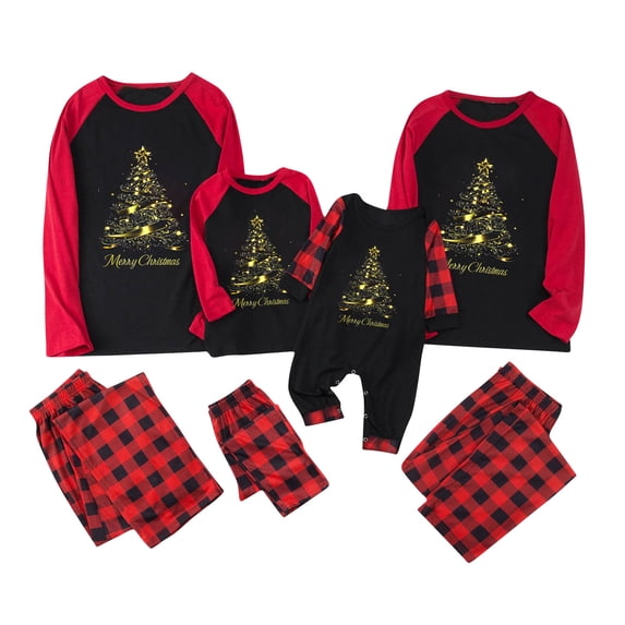Eygvbb Christmas Pajamas Women Matching Family Pajama Set Raglan Long Sleeve Tee Golden Christmas Tree Graphic Plaid Long Pants Two Piece Sleepwear Cozy Loungewear
