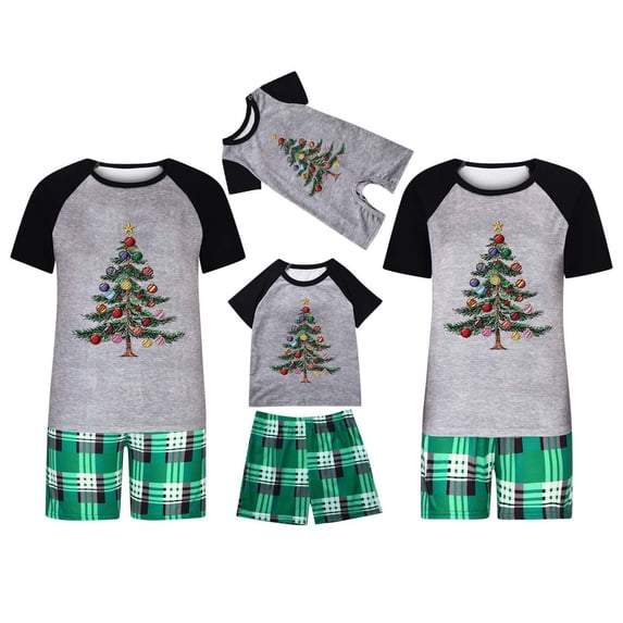 Eygvbb Christmas Pajamas Women Matching Family Pajama Set Raglan Short Sleeve Top with Christmas Tree Ornament Print, Plaid Shorts Two‑Piece Sleep Outfit Casual Loungewear