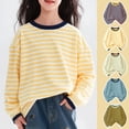 thumbnail image 1 of Eygvbb Girls Tops Kids Striped Long Sleeve Crew Neck T‑Shirt Contrast Collar Cuff Pullover Top Oversized Soft Cotton Casual Basic Layering Tee for3‑15 Years Old, 1 of 4