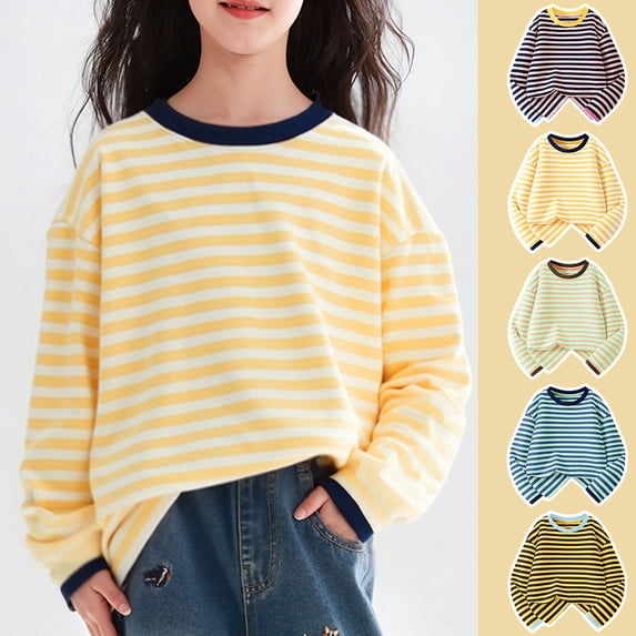 Eygvbb Girls Tops Kids Striped Long Sleeve Crew Neck T‑Shirt Contrast Collar Cuff Pullover Top Oversized Soft Cotton Casual Basic Layering Tee for3‑15 Years Old