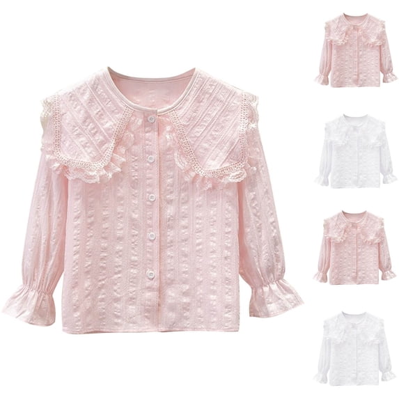 Eygvbb Girls Tops Lace Ruffle Collar Long Sleeve Blouse Button Down Thin Textured Shirt Loose Casual Basic Layering Top Sweet Fashion Daily Outfit for Ages 3-15