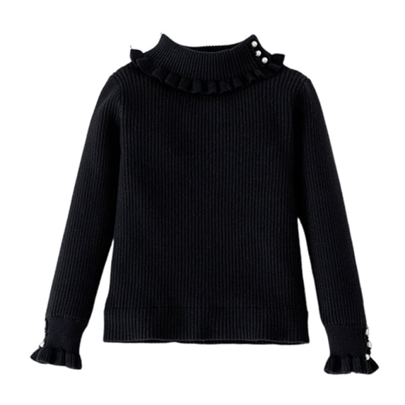 Eygvbb Girls Tops Ruffle Turtleneck Knit Sweater Long Sleeve Ribbed Pullover Soft Warm Solid Base Layer Top Stylish Autumn Winter Layering Knitwear for Ages 2‑13