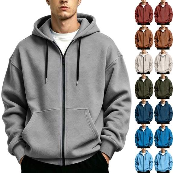 Eygvbb Men's Full Zip Hoodie Solid Long Sleeve Sweatshirt Jacket Drawstring Hood Front Pocket Loose Fit Fashion Casual Outerwear