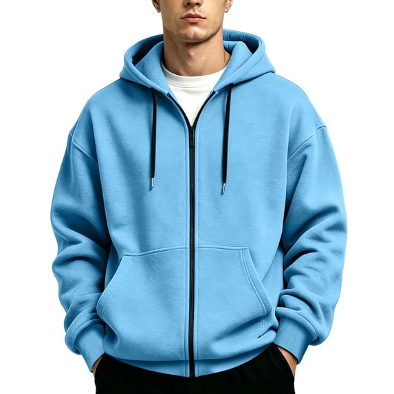 Eygvbb Men's Full Zip Hoodie Solid Long Sleeve Sweatshirt Jacket Drawstring Hood Front Pocket Loose Fit Fashion Casual Outerwear