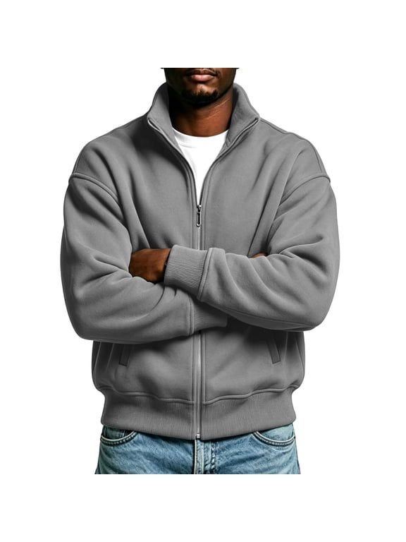 Men's Full Zip Up Sweatshirt High Neck Fleece Lined Jacket Long Sleeve Winter Warm Casual Solid Color Outerwear With Pockets Daily Top
