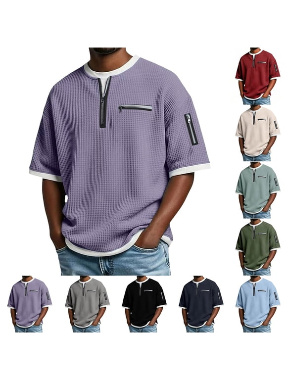 Men's Short Sleeve Casual Shirts Zip Up Collar Solid Color Summer Tops Pocket Tee Athletic Workout Gym Running Sports Shirt Breathable Lightweight Top