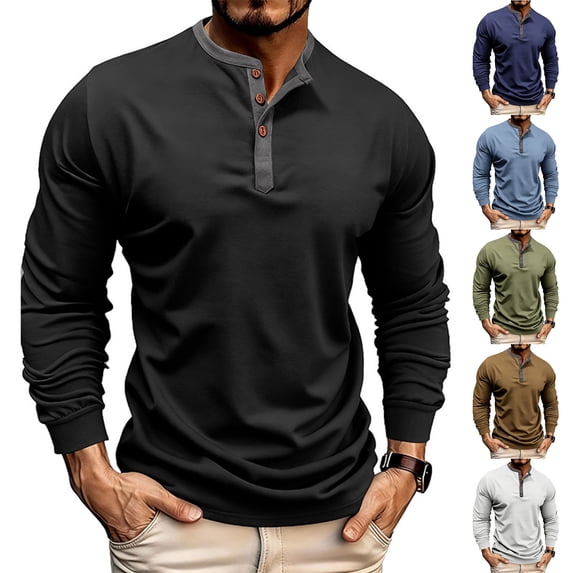 Eygvbb Mens T-Shirts Men's Casual Round Neck Solid Color Button Long Sleeved T-Shirt Soft and Comfortable Long Sleeve Tops