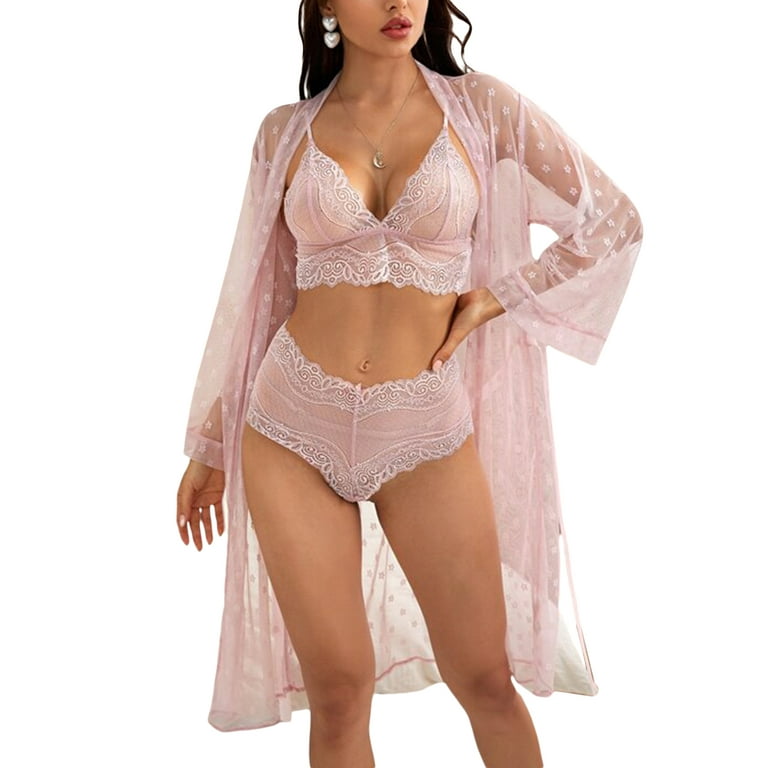 Eyicmarn 3Pcs Ladies Summer Sexy Underwear Set, Women Fashionable Flower  Embroidery Lingerie Suit + Perspective Night Skirt Kit 