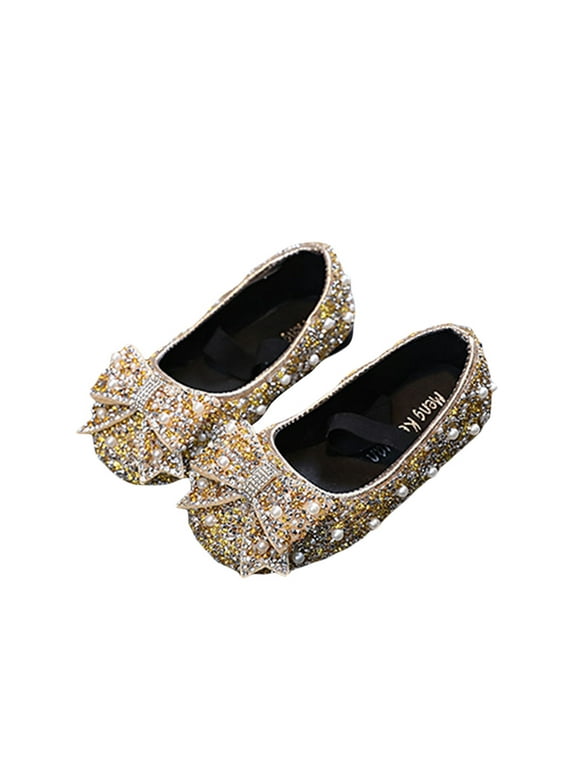Eyicmarn Girls Princess Shoes, Shiny Pearled Non-slip Flat Shoes in Leather
