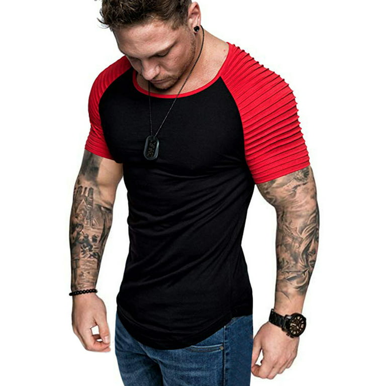 Eyicmarn Men's Muscle T-Shirt Pleated Raglan Sleeve Bodybuilding Gym Tee  Short Sleeve Workout Casual Shirts Hipster Shirt Blouse 