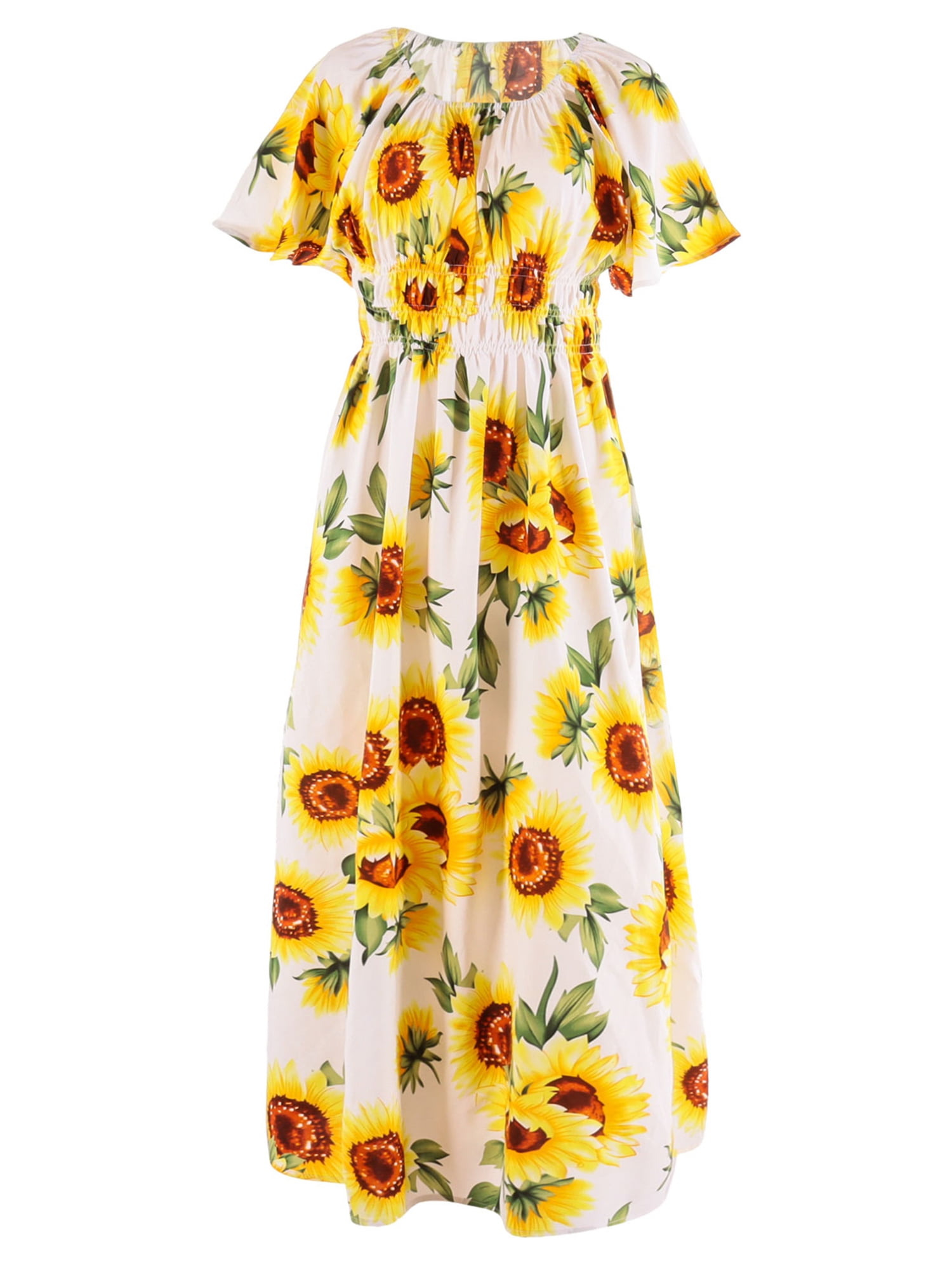 Sunflower Print Family Matching White and Color Block Sets(Irregular Hem Midi Dresses for Mom and Girl ; Loose Short Sleeve T-shirts for Dad and Boy)