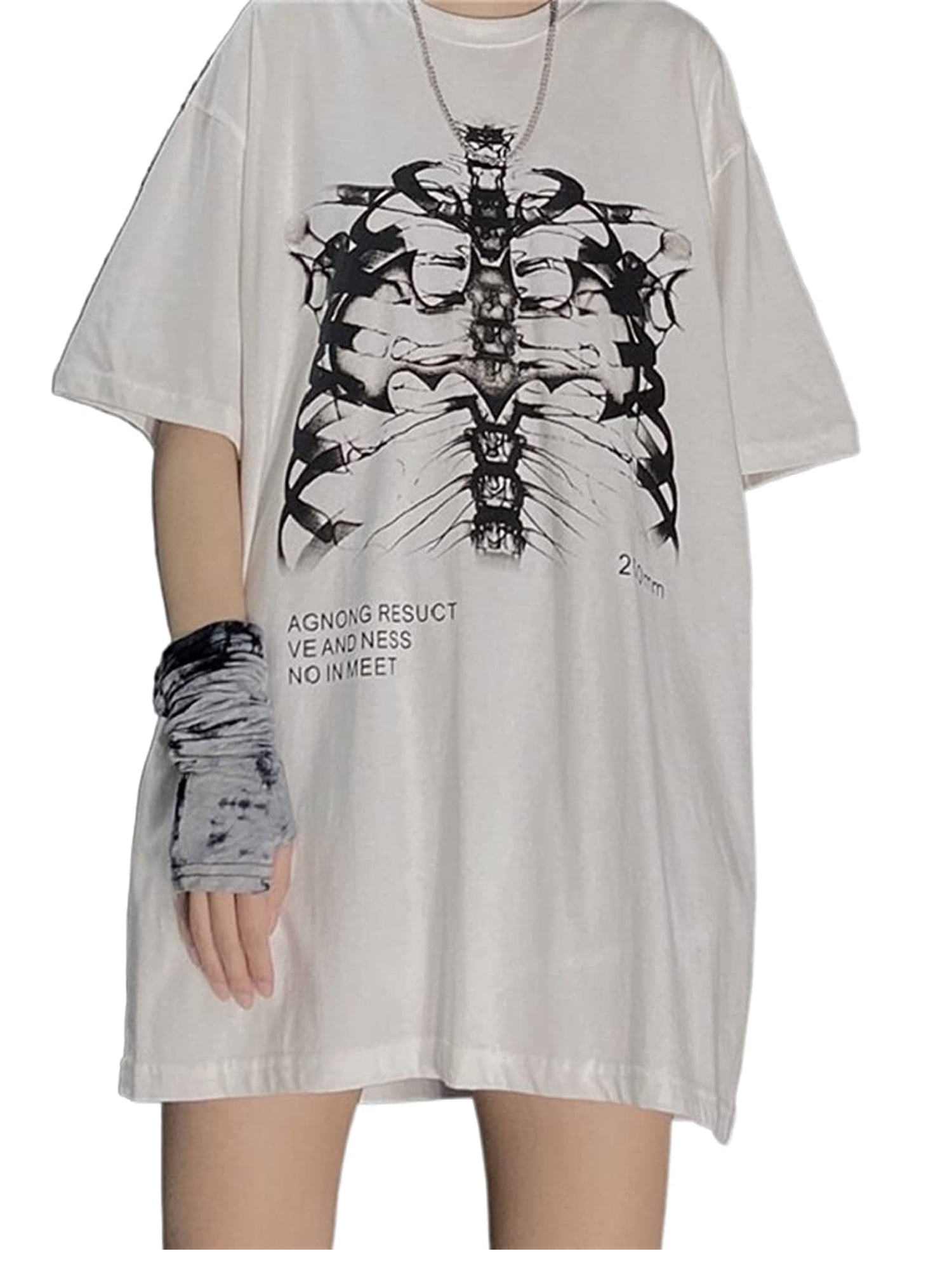 Eyicmarn Vintage Bone Printed T-Shirt Oversize Short Sleeve Tops 