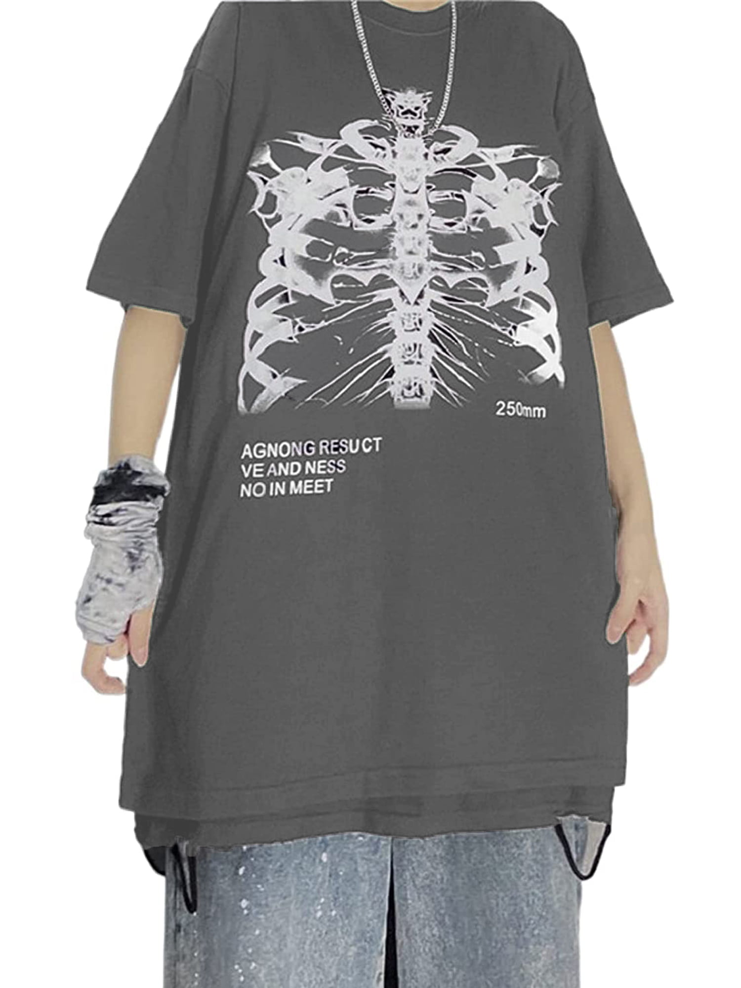 Eyicmarn Vintage Bone Printed T-Shirt Oversize Short Sleeve Tops 90S Y2K  Round Neck Blouse Halloween Clothes