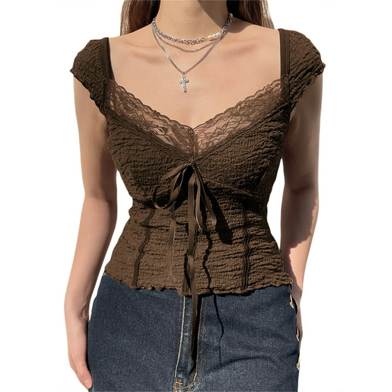 Eyicmarn Women Brown Lace Tops, 1/4 Sleeve Solid Color Party Summer Casual  Party Short Tops