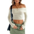thumbnail image 1 of Eyicmarn Women Knit Crop Tops Solid Color Boat Neck Long Sleeve Sweater Spring Fall Casual Slim Fit T-Shirts Streetwear, 1 of 9
