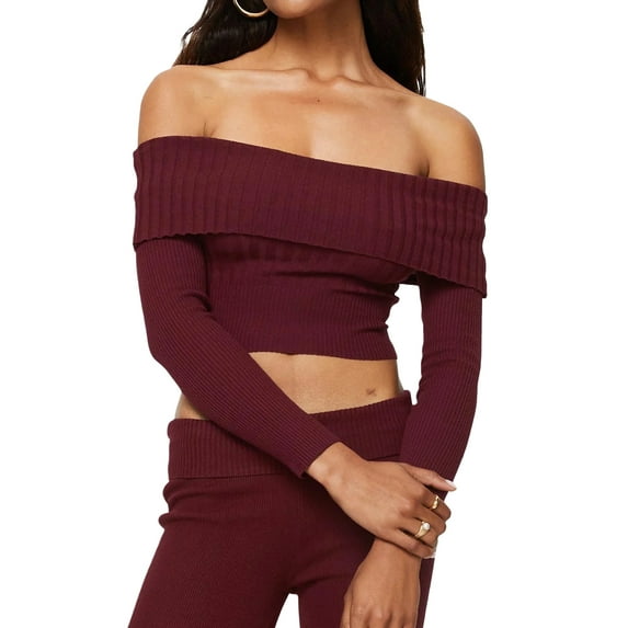Eyicmarn Women Knit Crop Tops Solid Color Boat Neck Long Sleeve Sweater Spring Fall Casual Slim Fit T-Shirts Streetwear