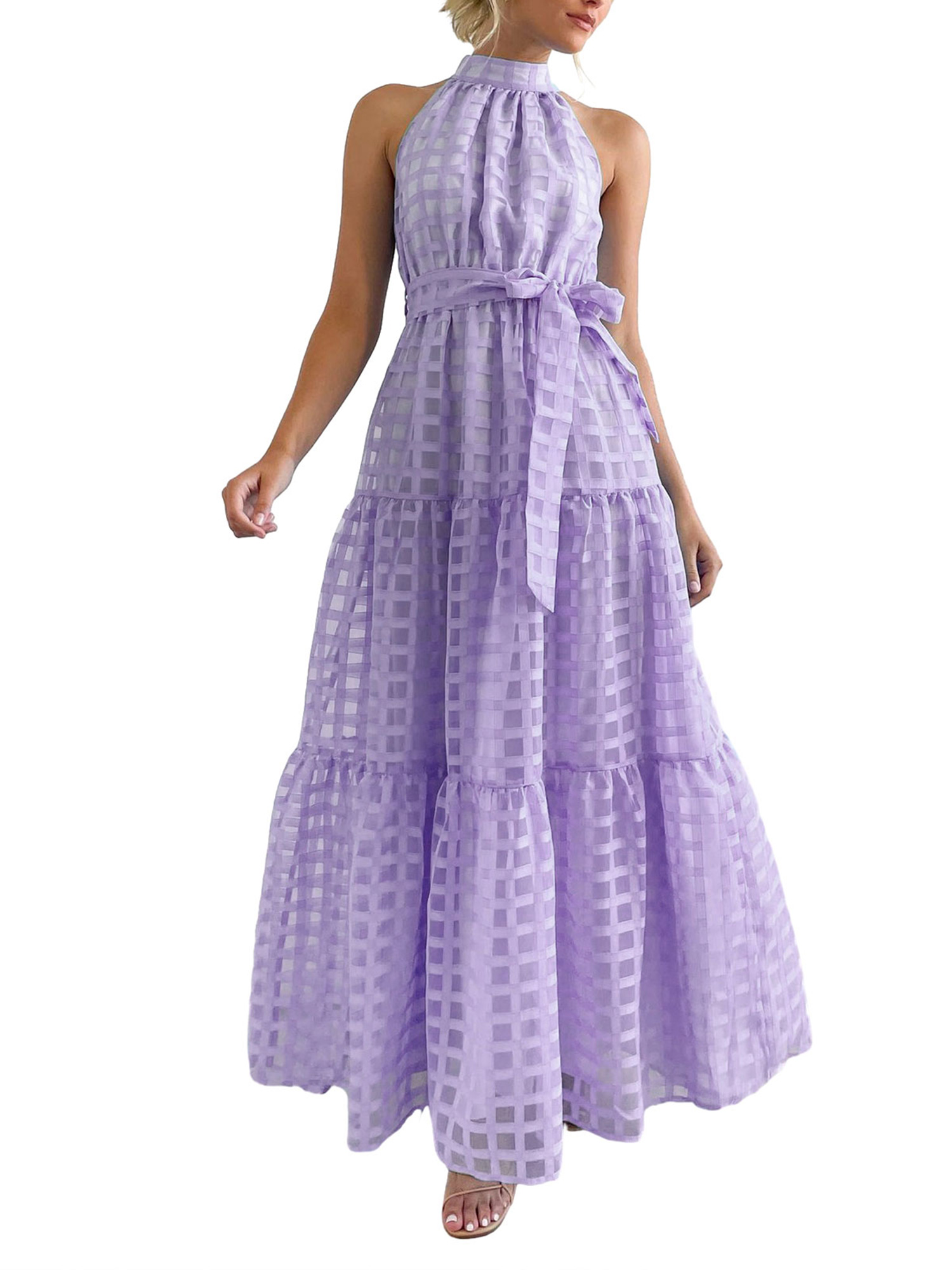 Eyicmarn Women Long Dress, Elegant Sleeveless Turtleneck Plaid Summer