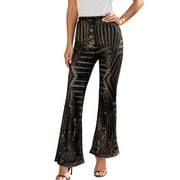Eyicmarn Women Loose Wide-leg Pants Casual High-waisted Sequin Trousers