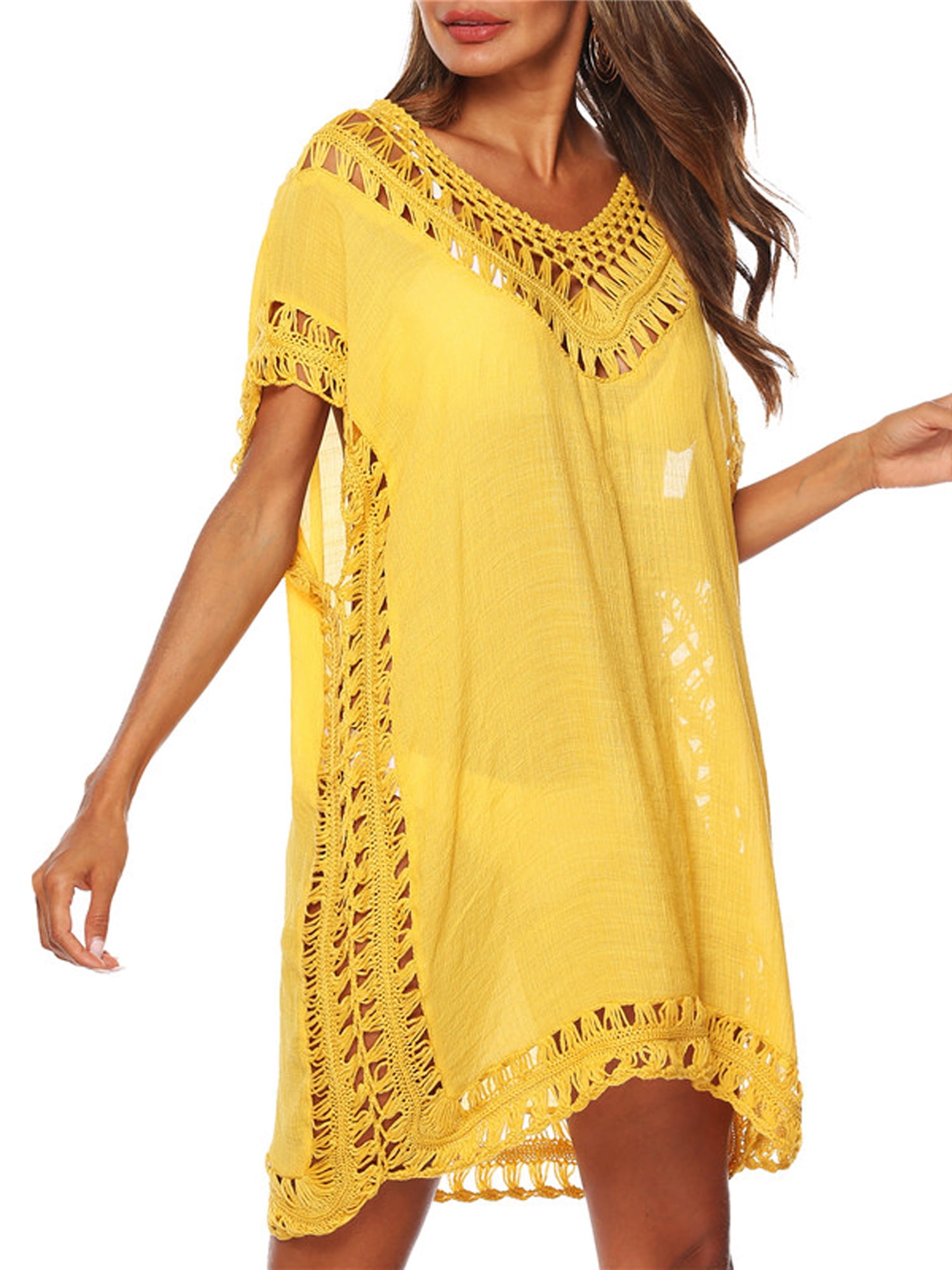 Eyicmarn Women Perspective Crochet Swimsuit Cover Up Beach Dress Kaftan