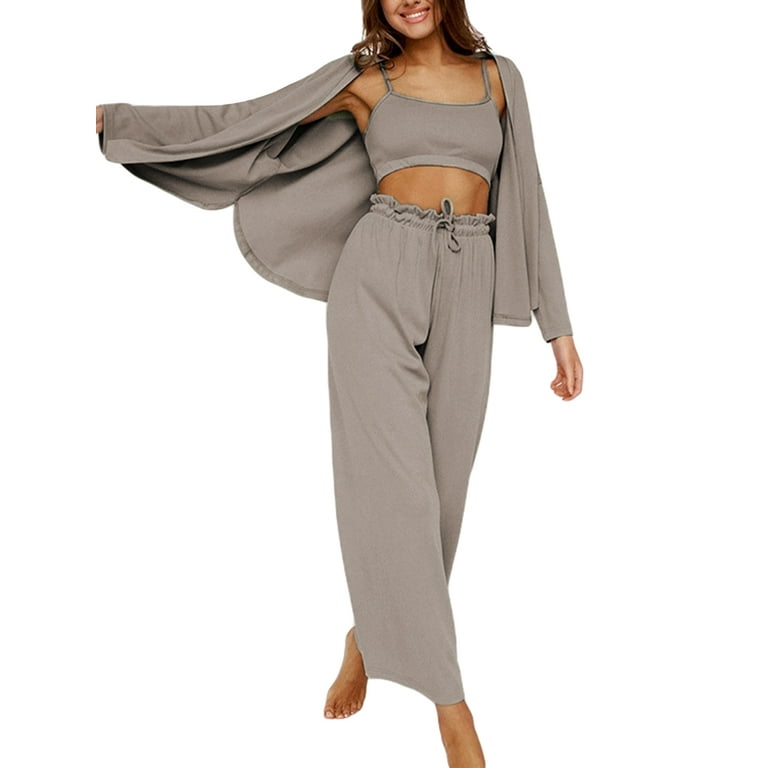 Eyicmarn Women's 3 Piece Lounge Set Pajama Set Cami Crop Top Pants