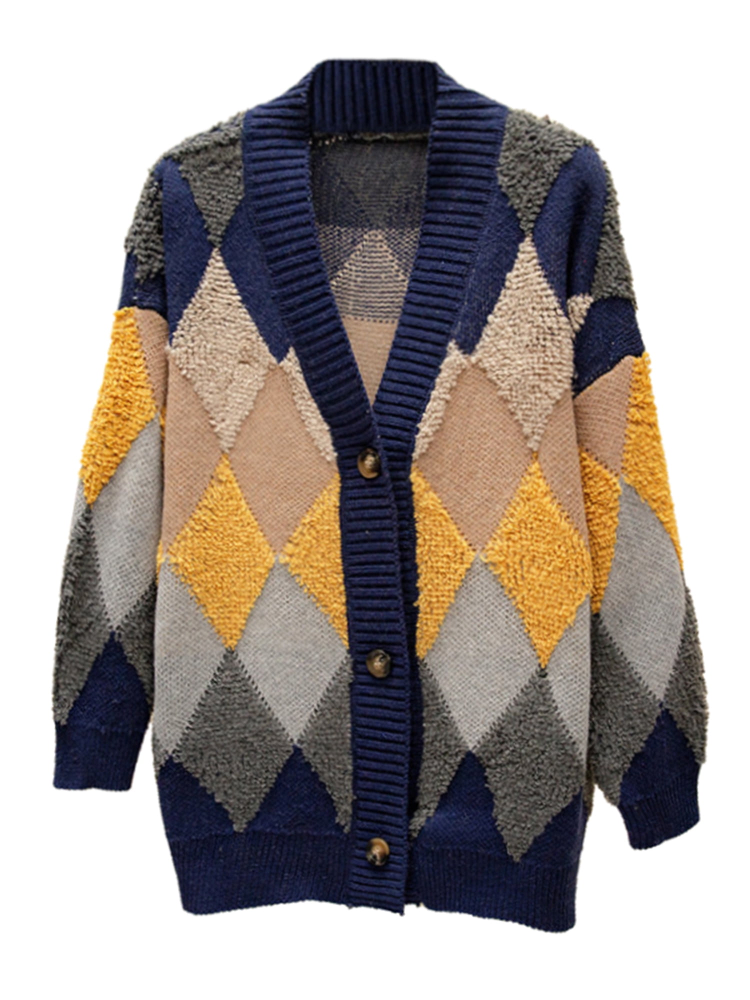 Eyicmarn Women's Argyle Preppy Knit Cardigan E-Girls 90s Long Sleeve Button  Knitwear Y2K Sweater Tops Outwear