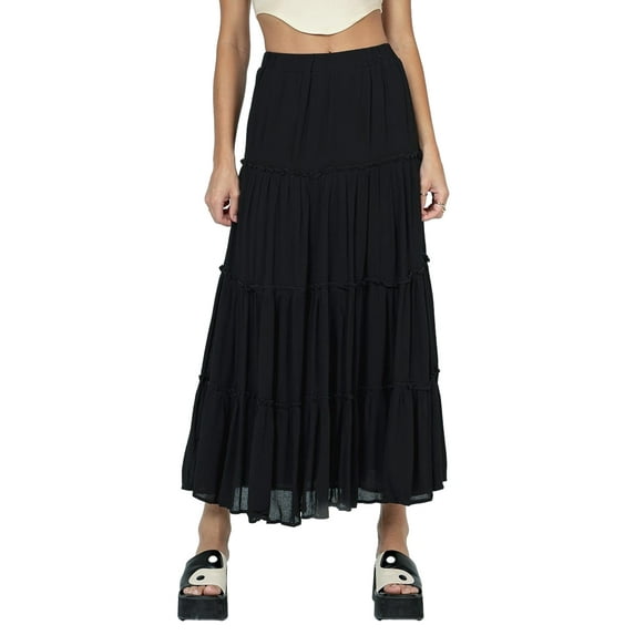 Eyicmarn Women's Long Skirts Floral Print/Solid Color Elastic Waist Skirts Spring Summer Big Swing Loose Casual Skirts