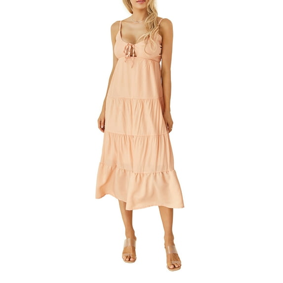 Eyicmarn Women's Summer Midi Cami Dress Solid Color Spaghetti Strap Backless Tie-Up Party Beach A-line Dress