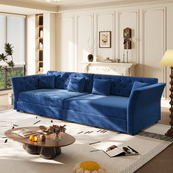 Eyisean 100" King Size Pull Out Sofa Bed，Velvet Chesterfield Futon Couches with Handmade Fabric Flower Tufted Design, Multi-Functional Modern Loveseat Bed for Living Room, Bedroom, Apartment