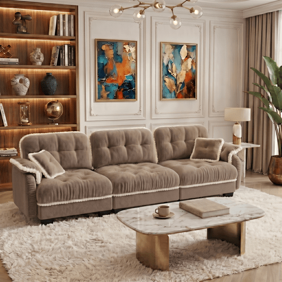 Eyisean 100" Modular Sectional Sofa with 4 Pillows, Pom-Pom Trim Quilted Tufted Cushion Ergonomic Design, 3-Seater Modern Chenille Cloud Couch with Deep Seat for Living Room & Office, Easy Assembly