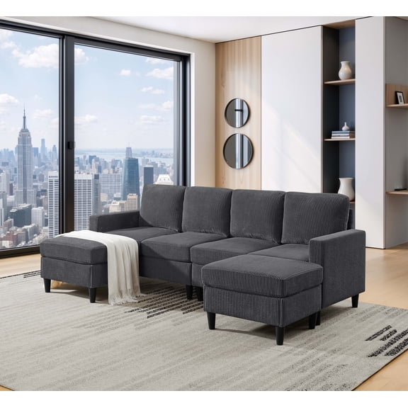Eyisean 101" U-Shaped Modular Sectional Sofa With 2 Ottomans, Comfy Corduroy Upholstered Sofa Couch, Wide Armrest, Oversized Cloud Sectional Couches for Living Room, Loft, Apartment