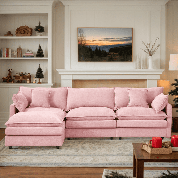 Eyisean 102" Chenille Modular Sectional Sofa with Ottoman, 3-Seater L Shape Cloud Couch with Upholstered & Pillow, Comfy Sleeper Sofa for Living Room, Bedroom, Office, Easy Assembly