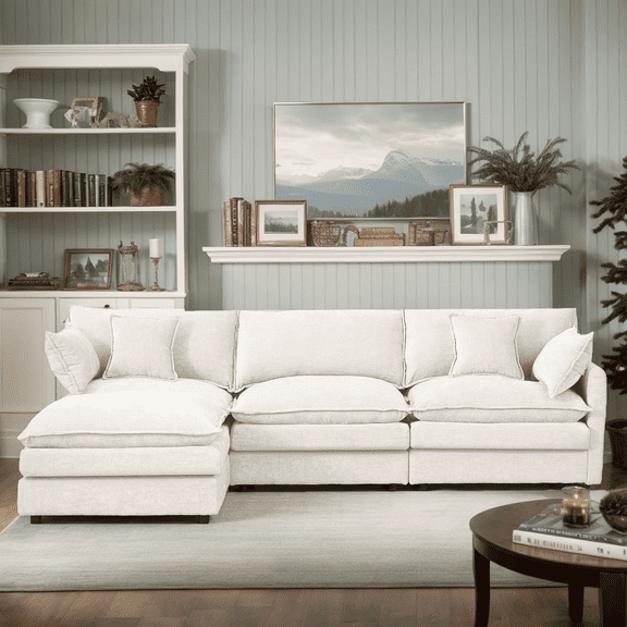 Eyisean 102" Chenille Modular Sectional Sofa with Ottoman, 3-Seater L Shape Cloud Couch with Upholstered & Pillow, Comfy Sleeper Sofa for Living Room, Bedroom, Office, Easy Assembly