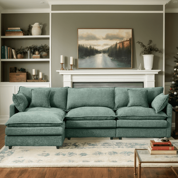 Eyisean 102" Chenille Modular Sectional Sofa with Ottoman, 3-Seater L Shape Cloud Couch with Upholstered & Pillow, Comfy Sleeper Sofa for Living Room, Bedroom, Office, Easy Assembly