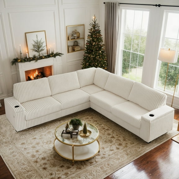 Eyisean 110" Corduroy Oversized L Shaped Corner Sofa, Comfy 5-Seater Upholstered Sectional Couch with Storage, USB & Type-C Charging, Cup Holder, Modern Deep Seat Sofa for Living Room