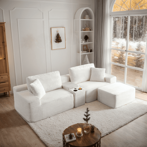 Eyisean 111" Comfy Modular Sectional Sofa Cloud Couch with Cup Holder & Storage, USB Ports, Modern Corduroy L Shaped Fluffy Boneless Couches with Deep Seat & Ottoman, No Assembly, for Living Room