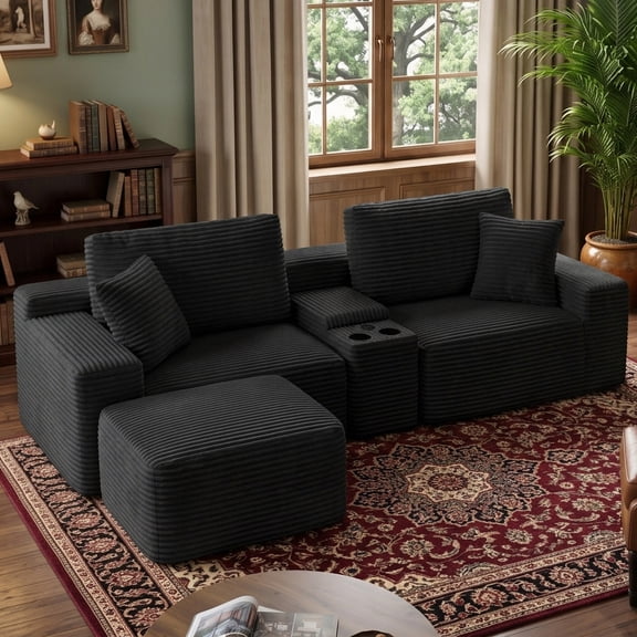 Eyisean 111" Comfy Modular Sectional Sofa Cloud Couch with Cup Holder & Storage, USB Ports, Modern Corduroy L Shaped Fluffy Boneless Couches with Deep Seat & Ottoman, No Assembly, for Living Room