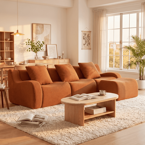 Eyisean 115.3" Teddy Oversized Modular Boneless Sectional Sofa Couch with Ottoman, 3-Seater Deep Seat Cloud Couch with 3 Pillows, No Assembly Required, L Shaped Couches for Living Room, Apartment