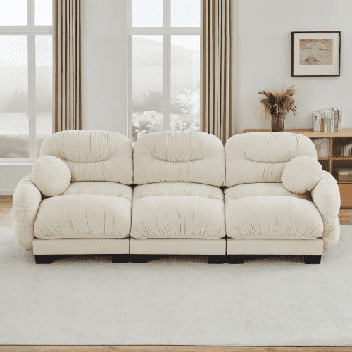 Eyisean 116" Chenille Modern Modular Sectional Sofa, Comfy 3-Seater Pleated Wrinkle Design Couch with Round Pillow, Oversized Upholstered Deep Seat Sofa with Curved Round Armrests for Living Room