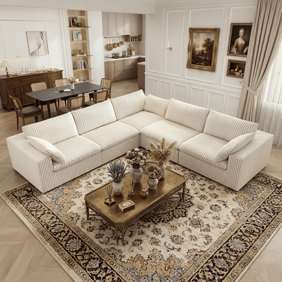 Eyisean 118.2" Corduroy Modern V Shaped Corner Sofa, Comfy Modular Sectional Cloud Couch with Pillows, Deep Seat Upholstered Sofa Set, Fluffy Boneless Couches for Living Room, No Assembly