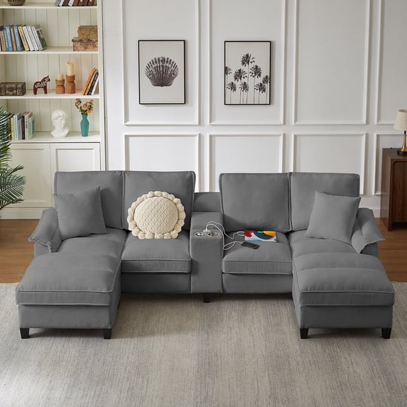 Eyisean 120" Modular Sectional Sofa with Storage & USB Ports, Modern U Shaped Cloud Sectional Couch With Cup Holders & Large Capacity Storage, 4-Seater Oversized Corduroy Sofa Couches for Living Room