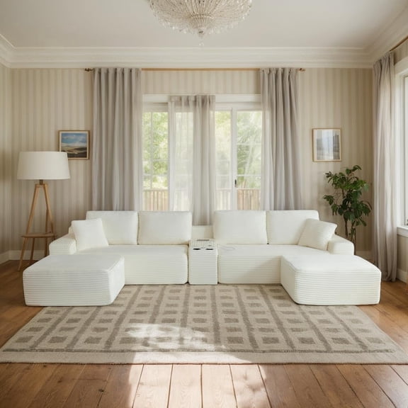 Eyisean 125" Oversized Comfy Modular Sectional Sofa Cloud Couch with Cup Holder & Storage, USB Ports, Modern Corduroy U Shaped Boneless Couches with Deep Seat, No Assembly, for Living Room