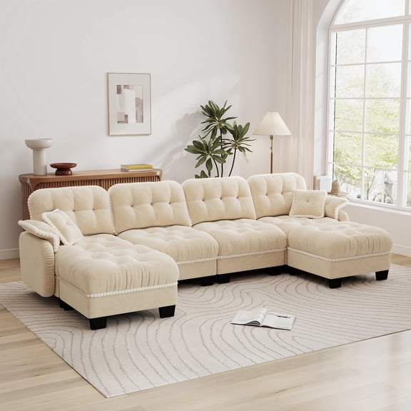 Eyisean 131" Modular Sectional Sofa with 4 Pillows & Ottomans, Pom-Pom Trim Quilted Tufted Cushion Ergonomic Design, U-Shape Modern Chenille Cloud Couches with Deep Seat for Living Room & Office